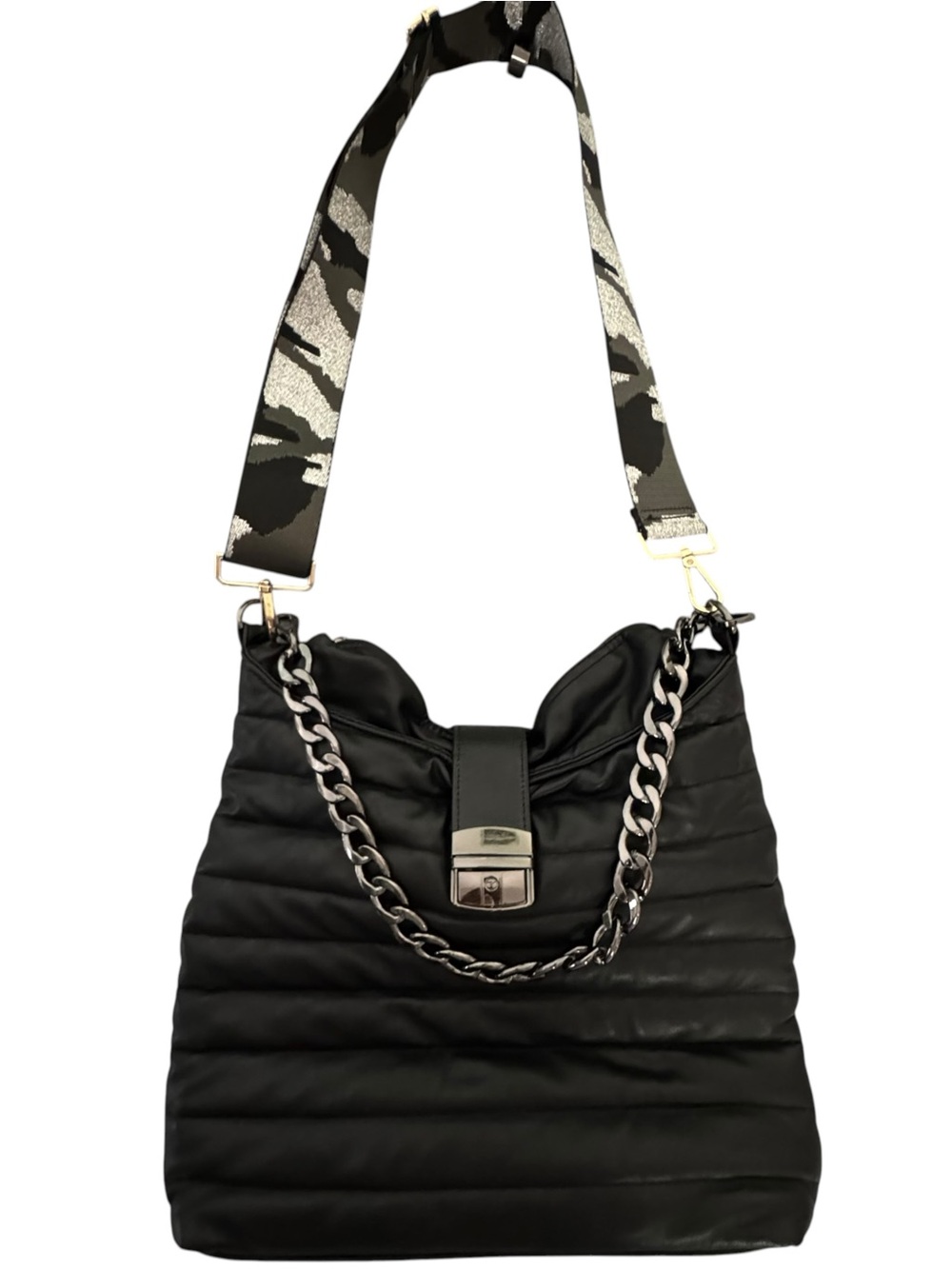 THINK ROYLN Black Quilted Shoulder Bag with Silver Chain and Camo Guitar Strap